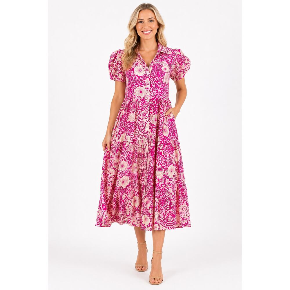 Shop The Mint Perfect For You Fuchsia Floral Button Midi Dress Womens Medium New